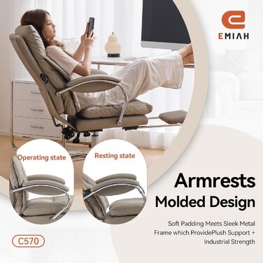 Офісний крісло EMIAH з підставкою для ніг, ергономічний крісло для офісу та дому, комп'ютерне крісло з PU шкіри, з підлокітниками та роликами (Хакі)