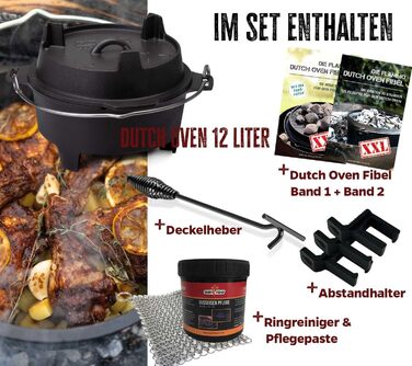 Набір голландської печі Grillfürst Dutch Oven BBQ DO 9 (9 л) з кришкою 35 см, підставкою, очищувачем та пастою для догляду + 2 шт. голландська піч Grillfürst DO 12 XXL