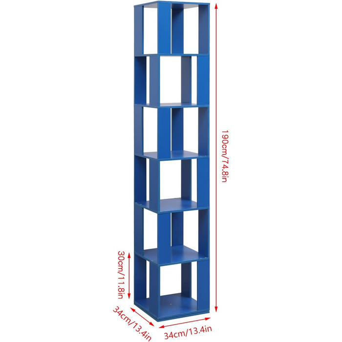 Поворотна книжкова шафа NICEME 190см, 6 ярусів, декоративна полиця для вітальні, МДФ, синій, L34 x W34 x H190 см