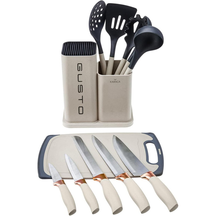 Набір ножів Karaca Gusto 12 предметів з дерев'яною підставкою та кухонними аксесуарами, з нержавіючої сталі, ергономічні ручки, кремовий колір