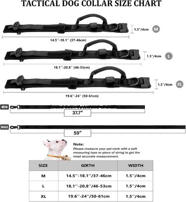 Тактичний нашийник для собак з ручкою управління і повідцем для собак, військовий нашийник нейлоновий нашийник з м'якою підкладкою Регульований нашийник для собак середнього розміру (L, P7-чорний)