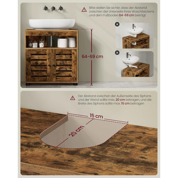 Підставка під раковину VASAGLE, шафка для ванної кімнати, 60 x 30 x 63 см, шафка для ванної, комод для зберігання з 2 дверцятами-решітками, з регульованою полицею, вінтажний коричневий BBK04BX