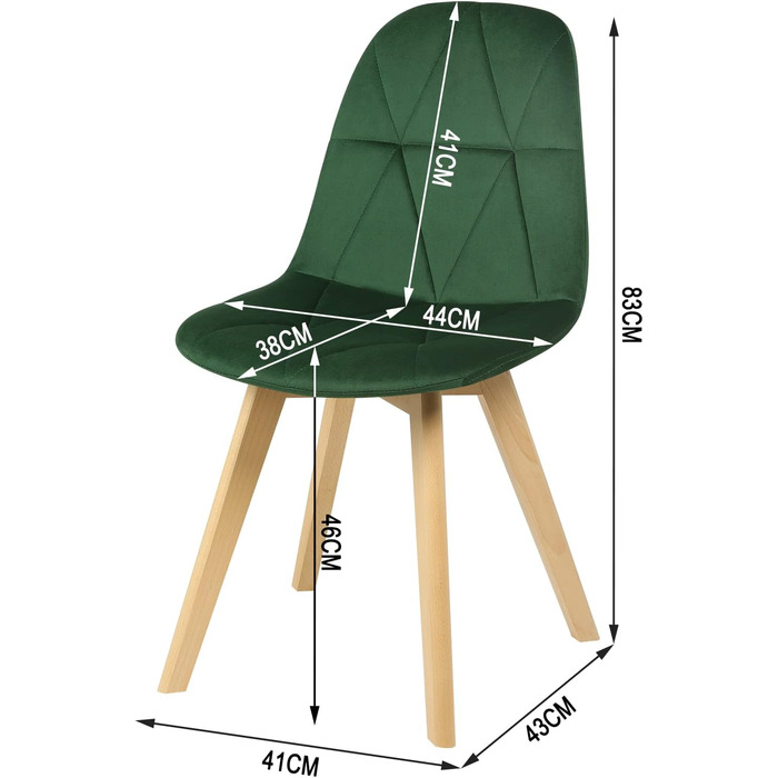 Комплект з 2 обідніх стільців, оксамит, масив дерева, темно-зелений, скандинавський вінтаж