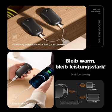 Електричні грілки для рук OCOOPA 2 шт., 10000mAh Powerbank, USB, 4 режими нагріву, до 58°C, для чоловіків, ідеально для гольфу, полювання та кемпінгу, UT3 PRO, чорний