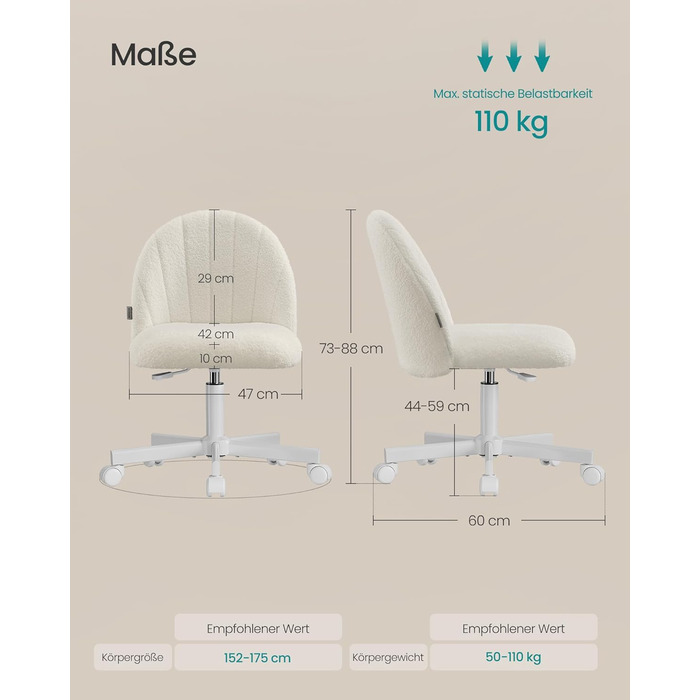 Крісло SONGMICS для дому та офісу, крісло для макіяжу з флісу, регульоване по висоті, для робочого кабінету, спальні, гардеробної, кремово-біле, OBG027WD01