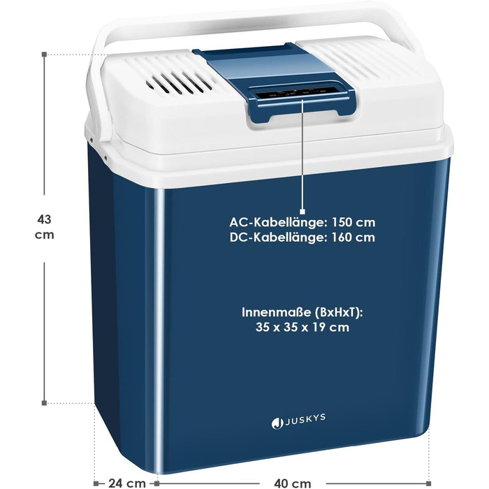 Електричний охолоджувач Juskys 24 літри 12 В / 230 В для легкового автомобіля, вантажівки, будинку на колесах, кемпінгу - Міні-холодильник холодний і гарячий - Термоелектричний бокс - синій 24 л синій