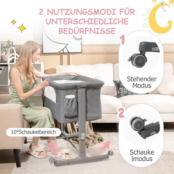 Двофункціональне ліжко-приліжкова стільниця Dreamade 2 в 1 з регулюванням висоти, з матрацом та колесами, 86 x 63 см, для новонароджених до 9 кг, з нахилом 10°, сірий колір