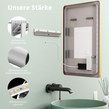 LED дзеркало для ванної кімнати HOKO Texas 60x80 см / 80x60 см з підсвічуванням, протитуманним покриттям та чорним металевим каркасом. Можливість встановлення вгору та вбік. Сенсорне керування + світло, регулювання кольору 2700-6500K (тепле, холодне, нейт