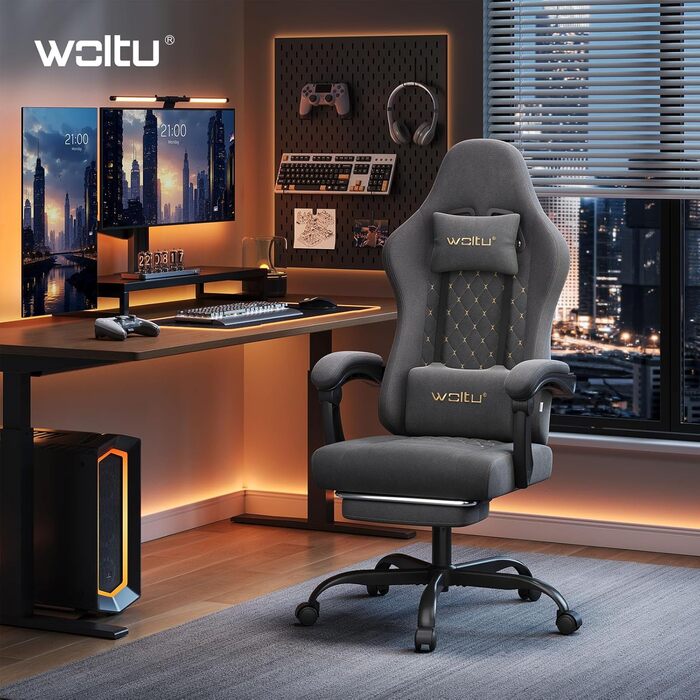 Крісло ігрове WOLTU з масажем, комп'ютерне ергономічне, з пружинним блоком, піддержка попереку, подушка для голови, підніжка, поворотне, 150 кг, сірий+жовтий