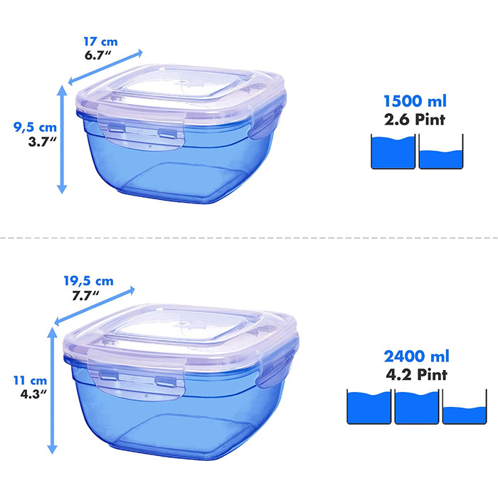 Набір банок для зберігання Грізлі 4 (0,4 л, 0,8 л, 1,4 л, 2,3 л), круглі, пластикові, 100 повітря / вода, Банки для зберігання в мікрохвильовій печі, М'ятні (квадратні 0,5 л, 0,9 л, 1,5 л, 2,4 л, сині)