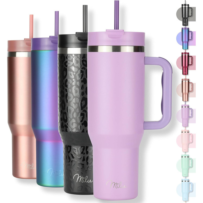 Термокружка Milu 1200 мл з трубочкою та ручкою – подарунок на Пасху для жінок та чоловіків | Подарунок тато, мама, друг, подруга | Подарунок на День батька, День матері | Подарунок для дідуся та бабусі (ліловий)