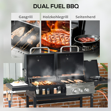Outsunny Grillwagen Gasgrill з 2+1 пальником, термометром, 3 кВт вугільним грилем з полицею, бічною підставкою, гачками, гриль для кемпінгу зі шлангом для саду, балкону, чорний | Aosom