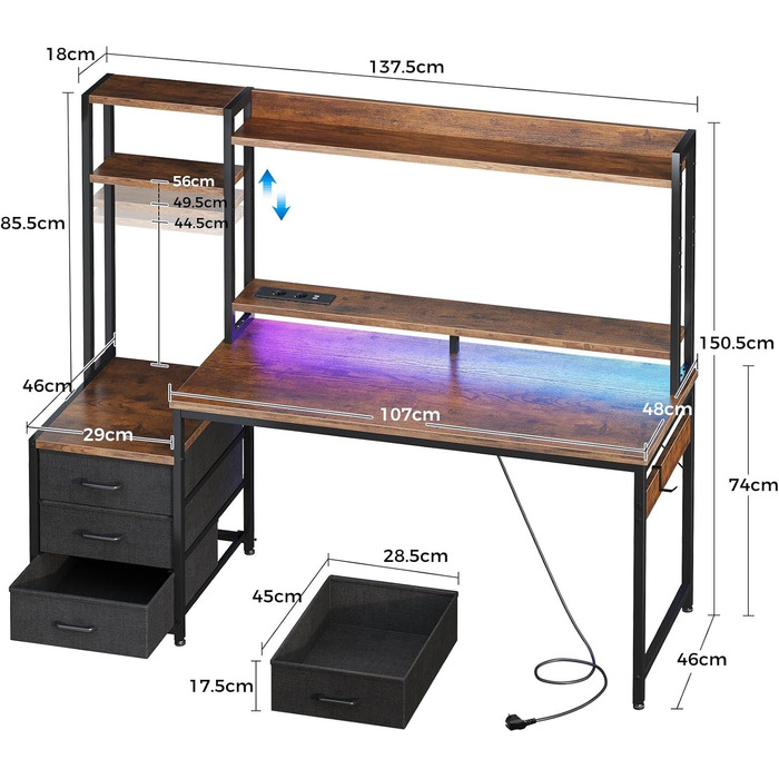 Ігровий стіл Coleshome з полицями та ящиками, 137x48 см. Стіл для геймінгу з LED-підсвічуванням та розеткою, комп'ютерний стіл з місцями для зберігання та підставкою для монітора (Коричневий)