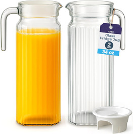 Скляний глечик для холодильника 1л з кришкою (2 шт.) – набір скляних глечиків з рифленим дизайном та ручкою для холодильника та щоденного використання з вентильованим носиком, 2 шт.