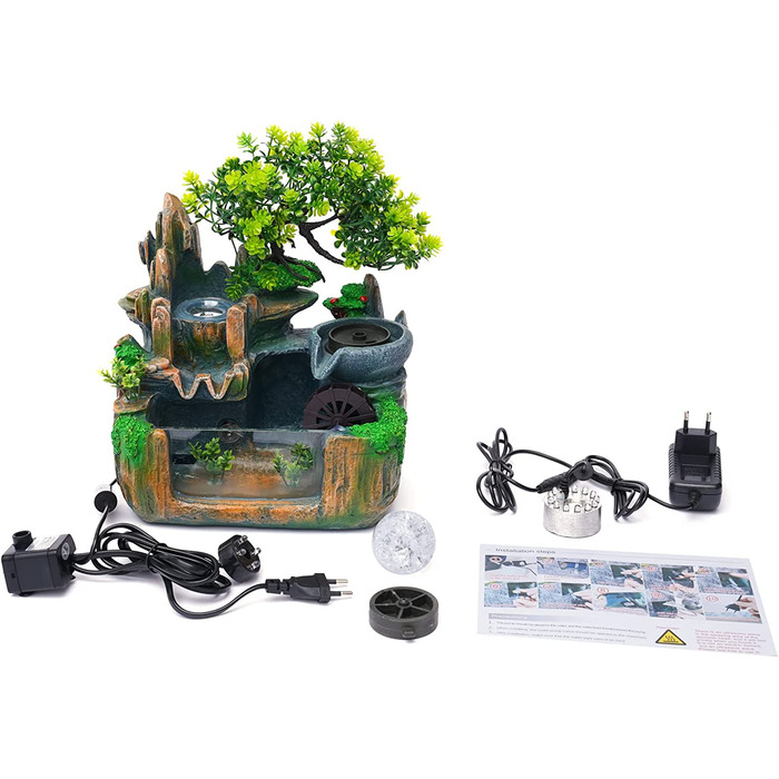 Фонтан HarBin-Star для дому та саду з LED-підсвіткою, водоспад, туман, кришталева куля, зелена рослина, десктопний фонтан, 34 x 24 x 34 см