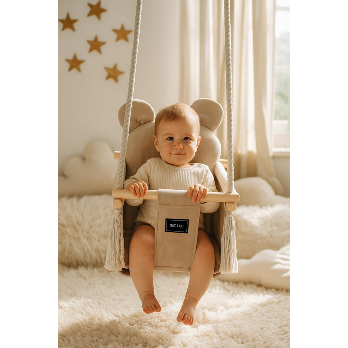 Дитяча гойдалка для дому та вулиці | Bär Light Beige Velvet | Гойдалка для малюків | Дерев'яна гойдалка для дітей | Гойдалка для дверного отвору