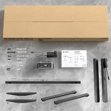 Електричний регульований стіл ONKRON WDF221E-B: чорне металеве підстав'я, для стільниць 120-170 см, до 70 кг