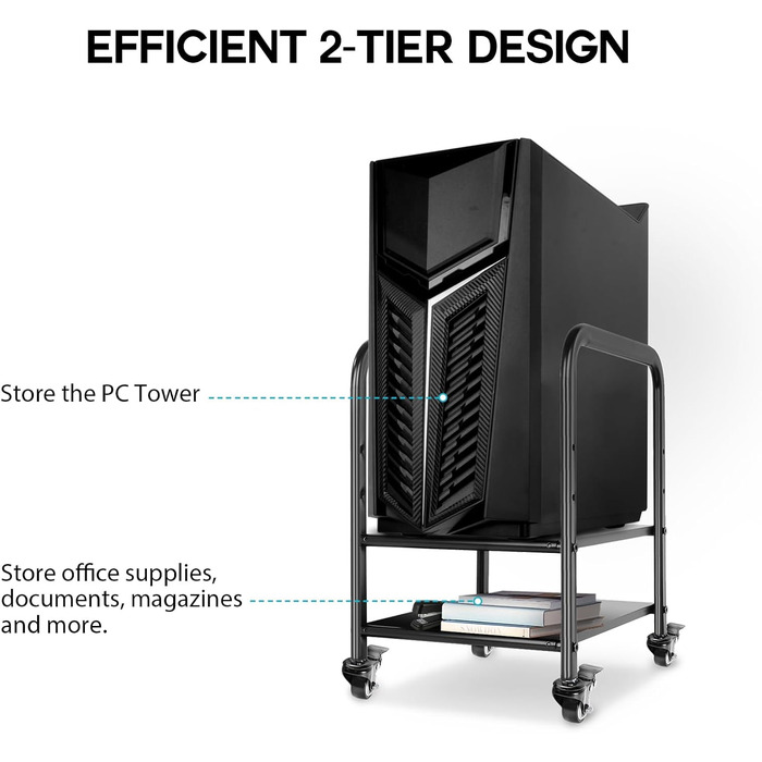 Підставка для комп'ютера 360Tronics, регульована по висоті, 2-ярусна, для Mini/Mid-Tower, металева, з колесами, для дому та офісу, чорна