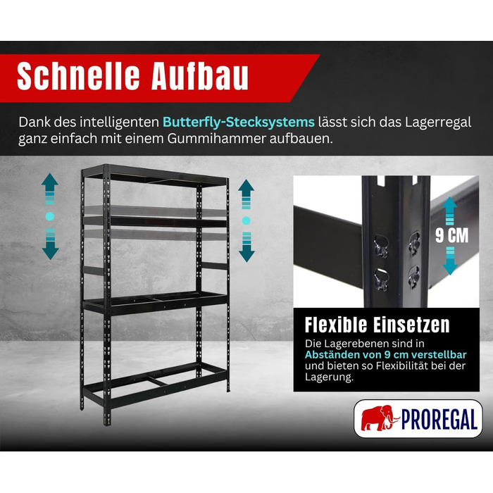 Стелаж для шин PROREGAL Tiger XL: 200x180x45 см, 300 кг навантаження, до 205/55 R16, для майстерні, складу, підвалу (12 шин + 2 полиці, чорний)