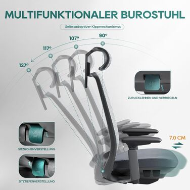 Ергономічне крісло Colamy для офісу, чорне: регульована глибина сидіння, 4D підлокітники, підтримка попереку (до 136 кг)