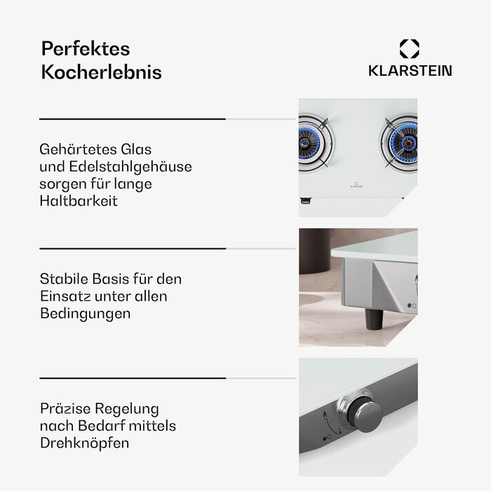 Газова плитка Klarstein 2-конфоркова, 7.7kW, для дому та кемпінгу, нержавіюча сталь, для автодому, портативна