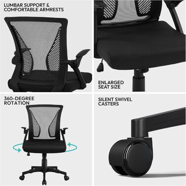 Офісний стілець Yaheetech ергономічний з сітчастою спинкою, регульований, з підлокітниками, для комп'ютера до 136 кг, чорний, з відкидними підлокітниками