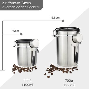 Кавова банка Milu герметична / 500 г, 700 г / контейнер для кавових зерен з нержавіючої сталі Вакуумна кавова коробка з кавовою ложкою (500 г) (нержавіюча сталь, 700 г)