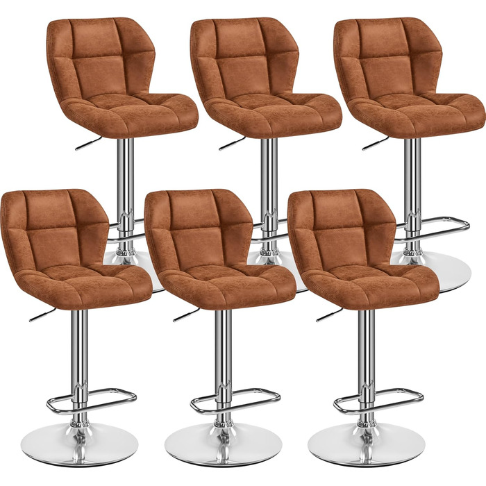 Барні стільці Yaheetech (набір 6 шт.) регульовані по висоті, обертаються на 360°, з підніжкою, PU-шкіра, чорний/ретро-коричневий