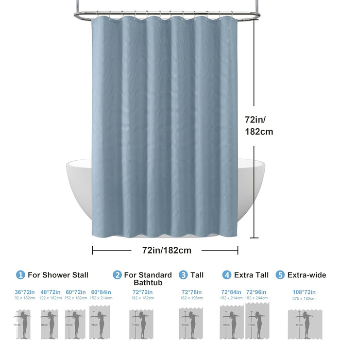 Шторка для душу з льону з металевими кільцями, сіра, 182 x 214 см. Тканинна шторка для ванни, водовідштовхувальна, антигрибкова, для ванної кімнати