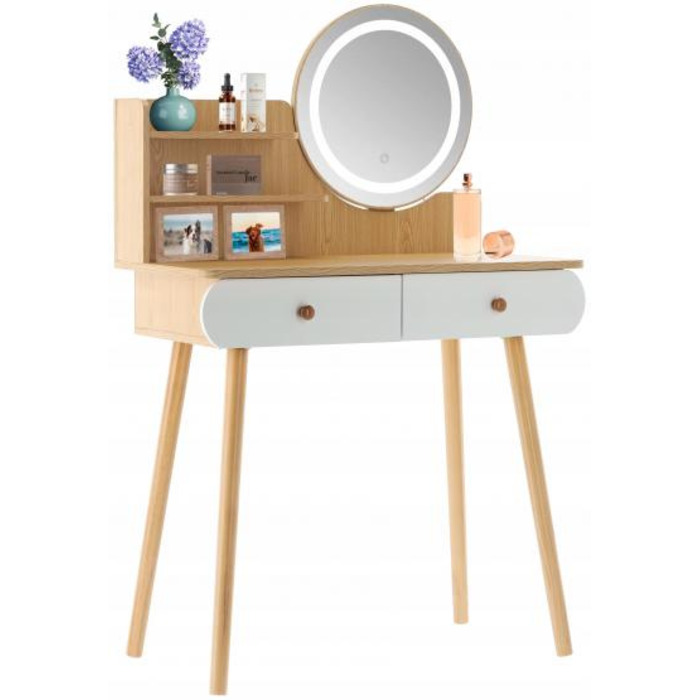 Туалетний столик Jumi, світлий дуб, з дзеркалом та 2 шухлядами, матовий, 80x122x40 см