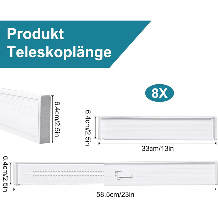 Організатори для ящиків MOFELON (8 шт.), регульовані роздільники для ящиків (33-58.5 см, 6.4 см H), система організації для шаф, комодів, кухні, спальні, ванної кімнати - білий