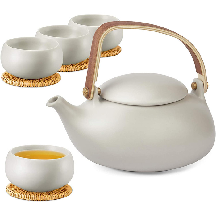 Чайний сервіз Zens порцеляновий з ситечком, 800 мл, матовий японський чайник з дерев'яною ручкою, керамічний білий з 4 чашками і підставкою з ротанга для розсипного чаю в подарунок (10-сірий чайний сервіз-4 чашки)