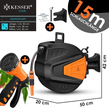 KESSER® Автоматична карусель для шланга 15 м + 2 м, настінна коробка для шланга з автозмотуванням, роликовий механізм для садового шланга, поворотна на 180°, набір з багатофункціональною лійкою з 9 режимами, 2 насадки, помаранчевий