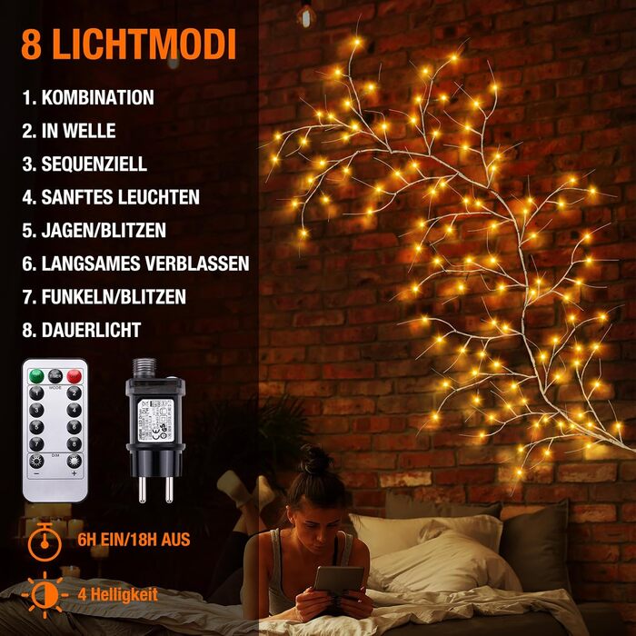 Льо́хтова́ гі́лка́ Daylumi з 96 LED, 8 режимів, для декорування стін, вітальні, енергоклас F
