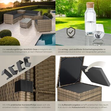 Набір садово-розсувний меблів tectake з коробкою для зберігання подушок, стіл зі скляною стільницею, ротанговий лаунж для саду та балкону | 403725