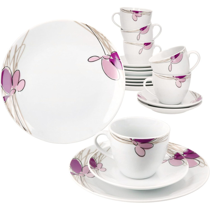 MamboCat Комплект посуду для кави та сніданку на 6 осіб, 18 предметів, біле порцелянове посуд з квітковим декором, 6 чашок 170мл, 6 підстаканників та тарілок