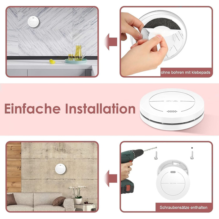 Набір датчиків диму Rauchmelder 6 шт. без LED, з батареєю на 10 років, клейкими панелями, функцією вимкнення звуку, 85 дБ, автономний, для дому