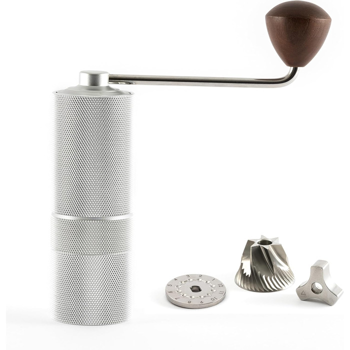 Ручна кавомолка з прецизійним жорновим механізмом з нержавіючої сталі та дерев'яним ручним грифом - для еспресо, з нержавіючої сталі (срібляста матова)