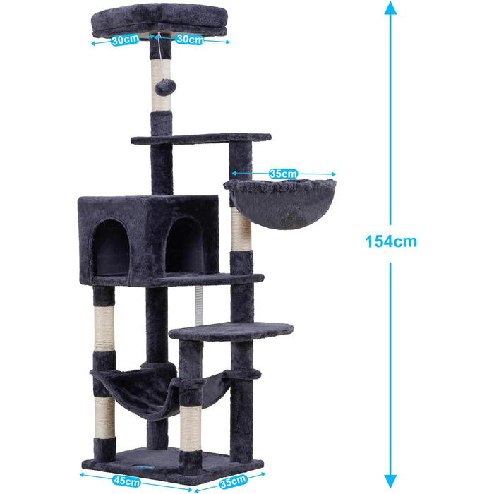 Кігтеточка Hey-brother 154 см, стійка, з сизалевою мотузкою, гамак, кошик, будинок, платформа, димчасто-сірий