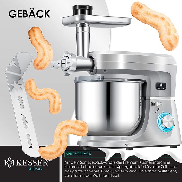 Кухонна машина KESSER 3 в 1 KM 3000 з м'ясорубкою, міксером та соковитискачем, 5.5л чаша, набір аксесуарів для пасти та випічки (срібна)
