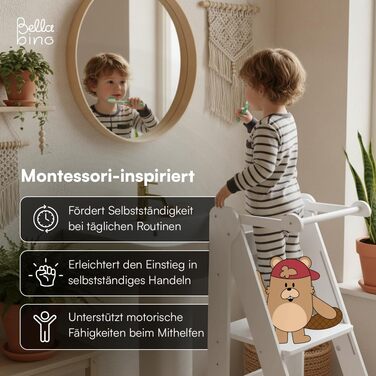 Bellabino Tay – Навчальний столик-лесенка для дітей від 1 року, білий, регульований, з захистом від перекидання, Монтессорі, з берези