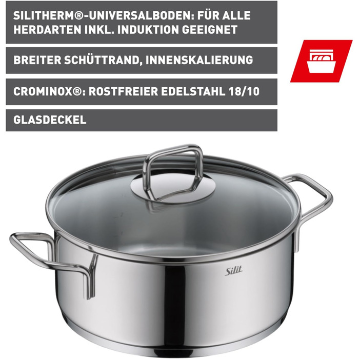 Набір кухонного посуду Silit Extra Cook: каструлі 16/20/24 см з кришкою, ковшик 16 см, мірна шкала, широке вільно, придатний для миття в посудомийній машині, з нержавіючої сталі Crominox (казанок 24 см)