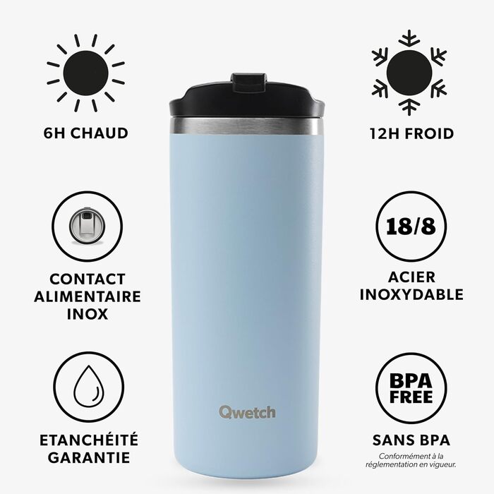 Термокружка QWETCH з нержавіючої сталі 470 мл - ізоляційний термос для кави та чаю - зберігає тепло 6 годин, холод 12 годин - без BPA, не протікає, багаторазовий - термос для подорожей (Пастельно-блакитний)