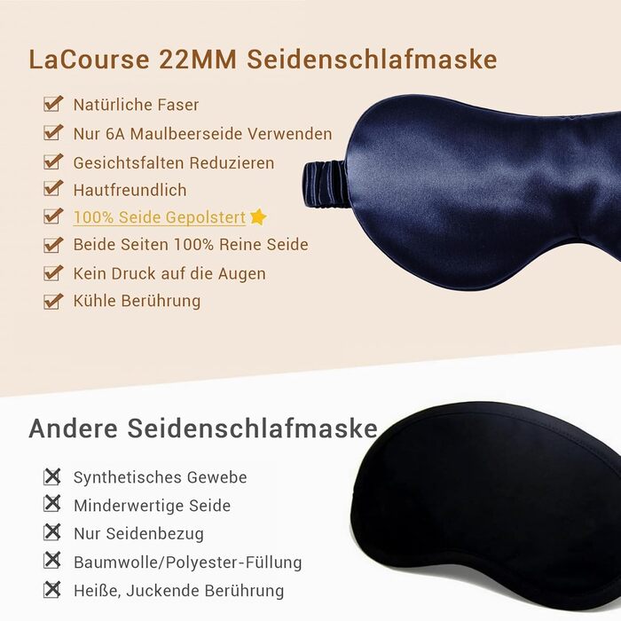 Сліпиця для сну з 100% натурального шовку морської кульбаби (22 momme), для сну, прохолоди, комфорту та повного затемнення. Шовкова стрічка, чиста шовкова наповнювач (Морська синя) - справжній 22 мм