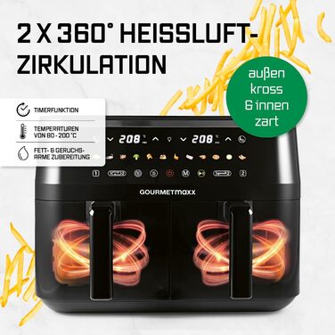 Фритюрниця повітряна GOURMETmaxx з 2 камерами | Об'єм 10л | Вертикальна, з сенсорним дисплеєм