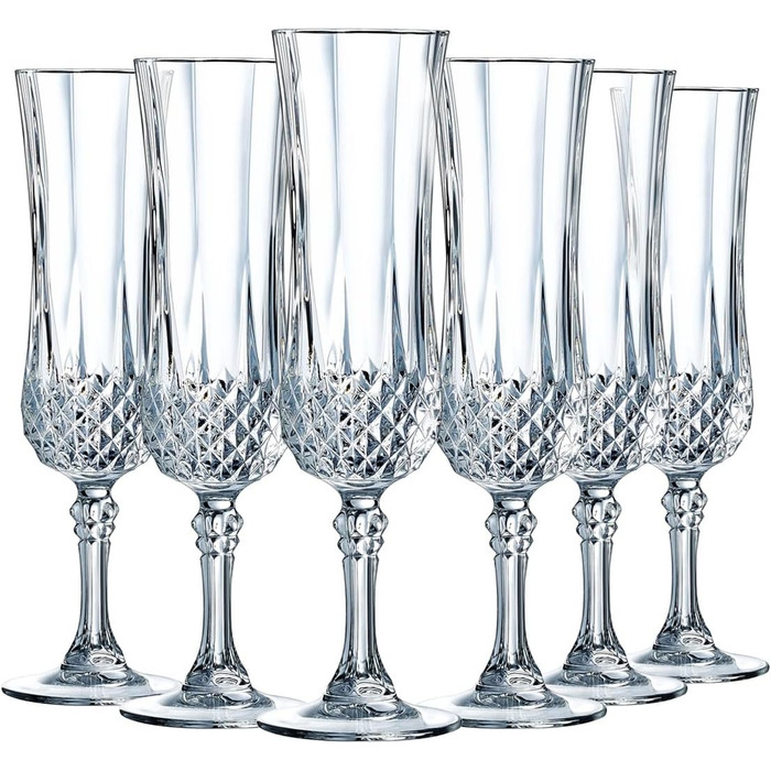 Келихи для коньяку Cristal d'Arques Paris Longchamp, 140 мл, 6 шт., з Kwarx, посилена упаковка, блиск, прозорість, висока міцність, прозорі келихи (шампанські флейти, 14 cl)