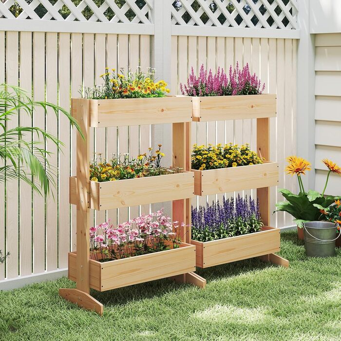 Вертикальна грядка COSTWAY з 3 ярусами, 6 контейнерами для квітів, дерев'яний ящик для тераси, балкона, саду 126x90x115 см (натуральне дерево)