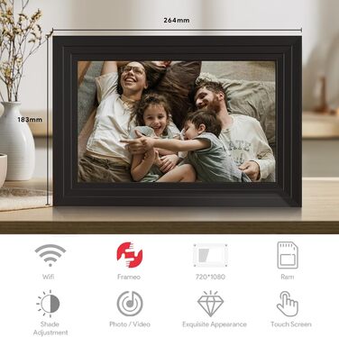 Цифровий фоторамка Aorpdd 10.1 дюйма з Wi-Fi, HD IPS-сенсорний екран, 32 ГБ пам'яті, автоматичне обертання, Frameo App для обміну фото та відео, чорний