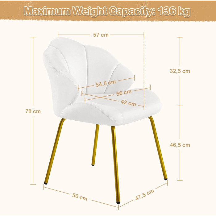 Крісла-черепашки Yaheetech, 2 шт., білі. Сучасні крісла з металевими ніжками, для вітальні, туалетного столика, спальні. Поліестер.