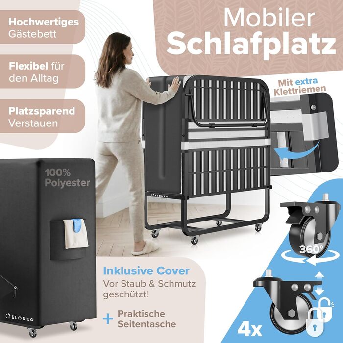 Розкладне ліжко ELONEO 80x200 см з преміум-матрацом, металевий каркас, витримує до 250 кг, гостьове ліжко на колесах з захисним чохлом